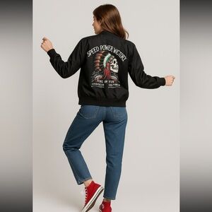 Ring Of Fire Black Back Graphic Skull Headdress Ribbed Cuffs Bomber Jacket Large